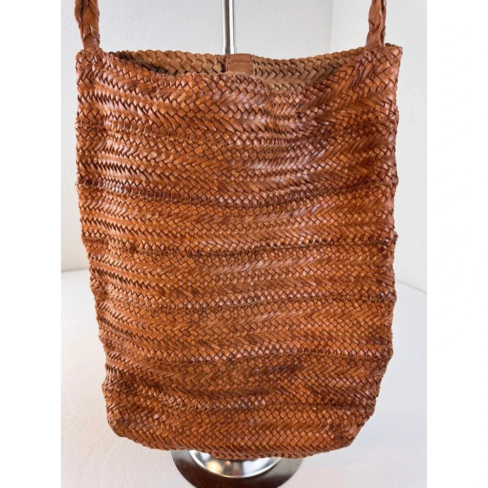 Genuine Leather Woven Brown Tote Bag Boho Braided Shoulder Purse